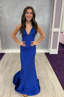 Load image into Gallery viewer, Royal Blue Satin V Neck Mermaid Long Prom Dress