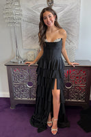 Load image into Gallery viewer, Sparkly Black Ruffled Long Beaded Corset Prom Dress with Slit