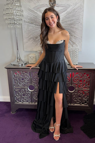 Sparkly Black Ruffled Long Beaded Corset Prom Dress with Slit