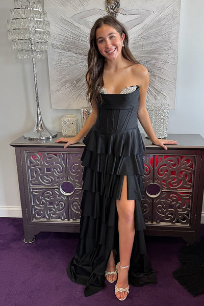 Sparkly Black Ruffled Long Beaded Corset Prom Dress with Slit