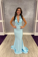 Load image into Gallery viewer, Light Blue Mermaid V Neck Long Prom Dress with Ruffles