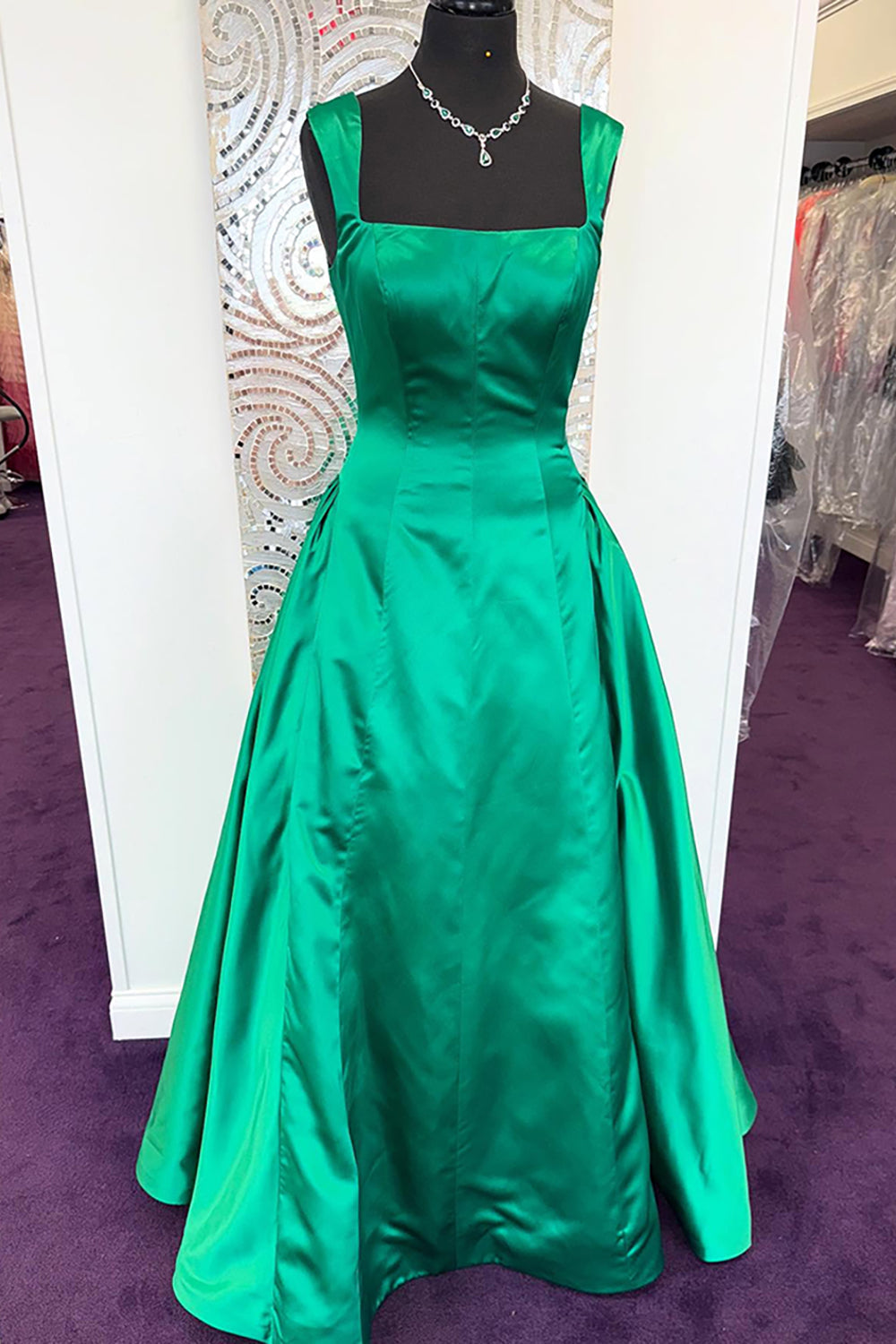 Emerald Green Thick Straps Satin A Line Long Prom Dress