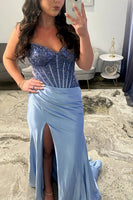 Load image into Gallery viewer, Sparkly Royal Blue Mermaid Strapless Long Corset Prom Dress