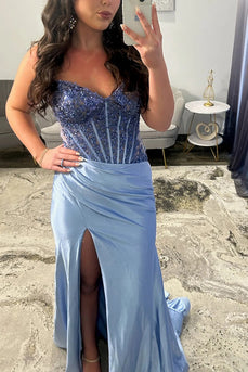 Sparkly Royal Blue Mermaid Strapless Long Corset Prom Dress