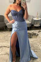 Load image into Gallery viewer, Sparkly Royal Blue Mermaid Strapless Long Corset Prom Dress
