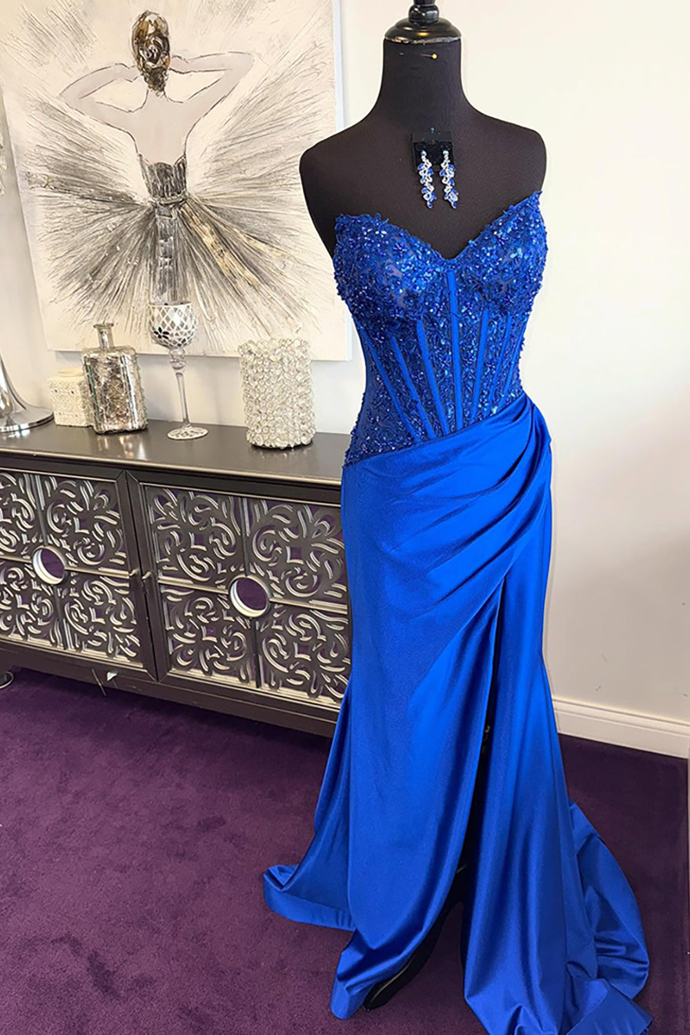 Sparkly Royal Blue Mermaid Strapless Long Corset Prom Dress