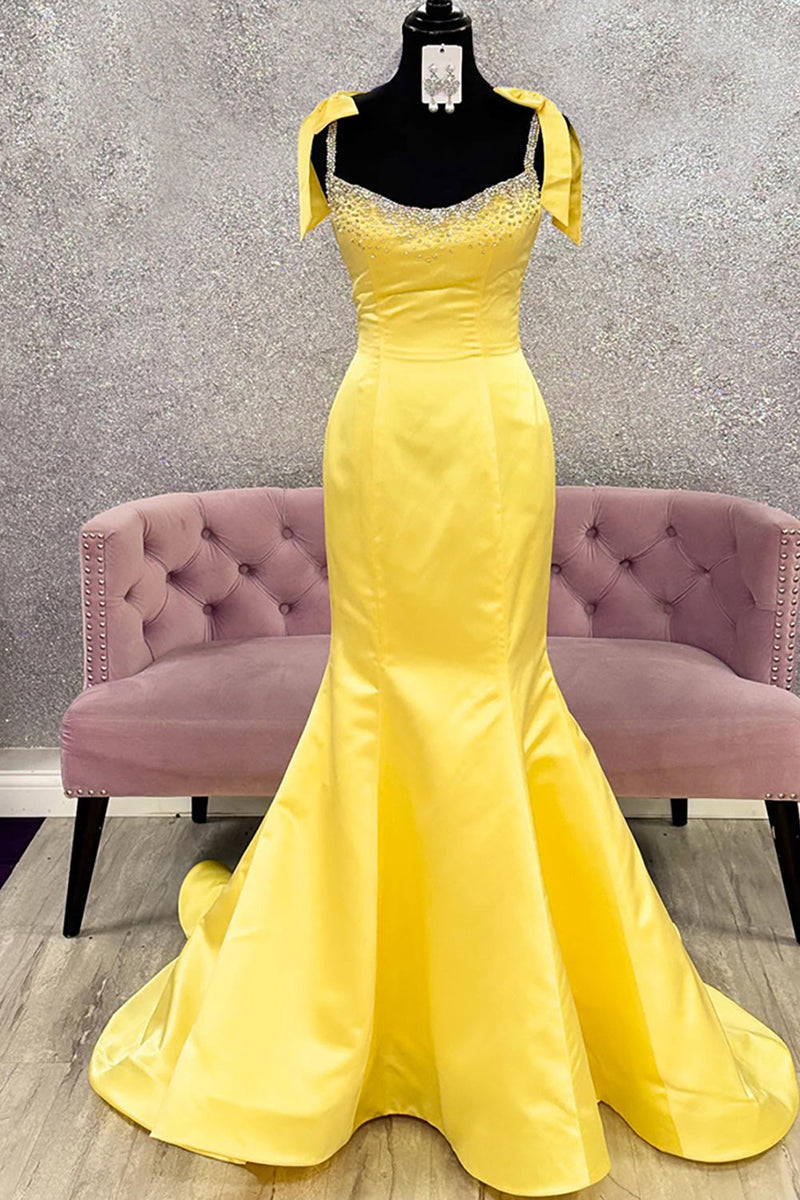Load image into Gallery viewer, Sparkly Yellow Long Mermaid Prom Dress with Bow