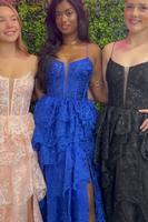 Load image into Gallery viewer, Sparkly Black Ruffled Corset Beaded Long Prom Dress with Slit