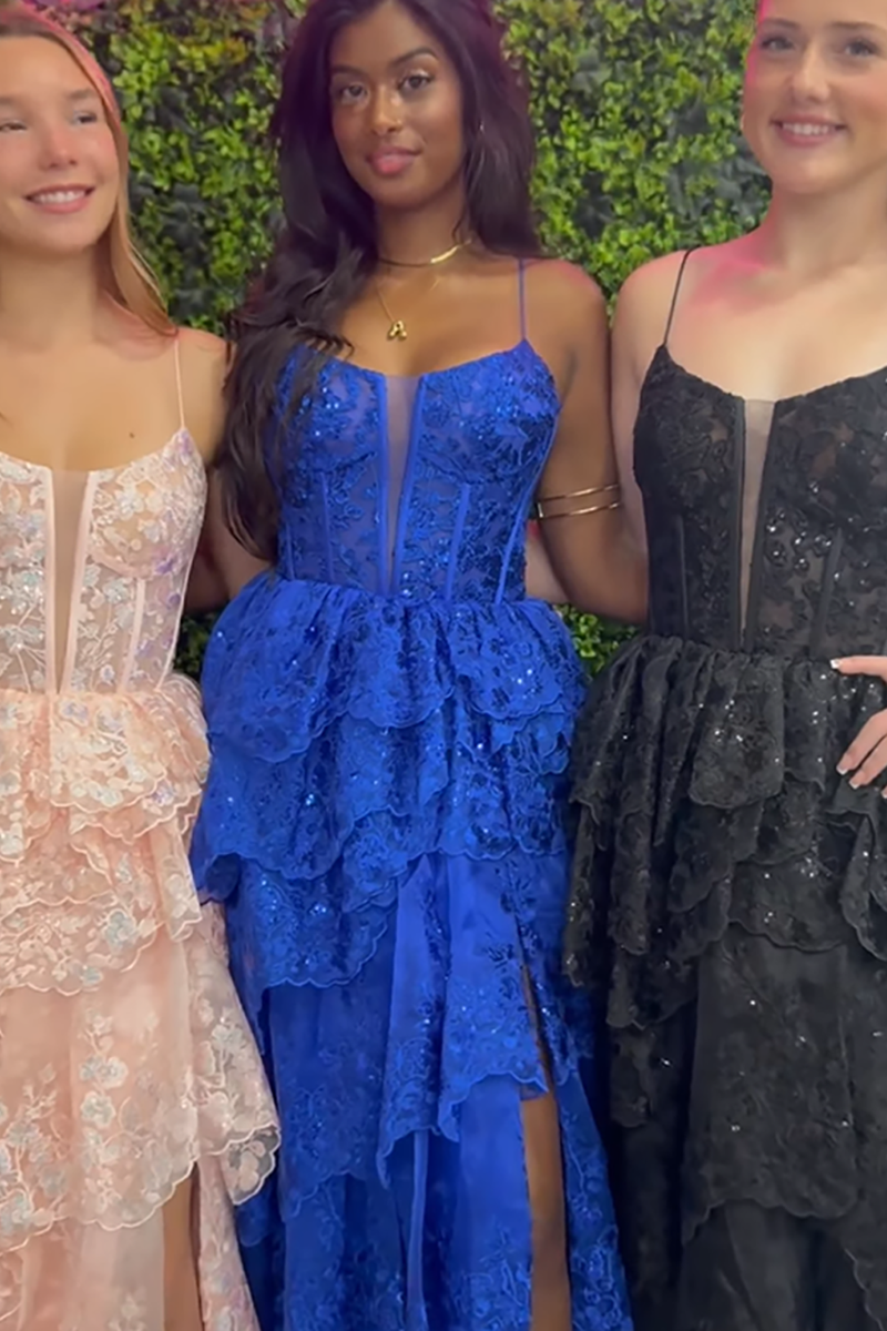 Load image into Gallery viewer, Sparkly Black Ruffled Corset Beaded Long Prom Dress with Slit