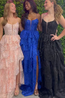 Load image into Gallery viewer, Sparkly Black Ruffled Corset Beaded Long Prom Dress with Slit