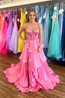 Load image into Gallery viewer, Sparkly Pink Ruffled Long Corset Prom Dress with Slit