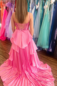 Sparkly Pink Ruffled Long Corset Prom Dress with Slit