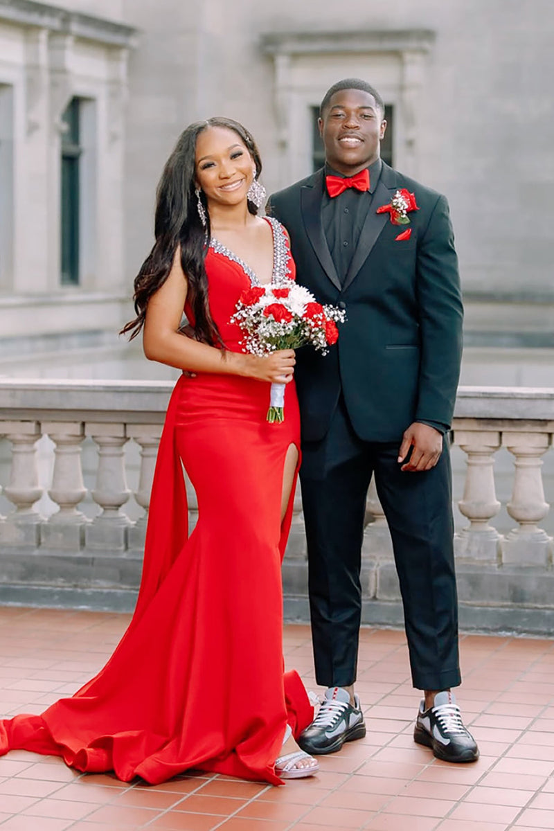 Load image into Gallery viewer, Sparkly Royal Blue Mermaid V Neck Satin Long Prom Dress with Cape