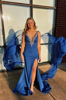 Load image into Gallery viewer, Sparkly Royal Blue Mermaid V Neck Satin Long Prom Dress with Cape