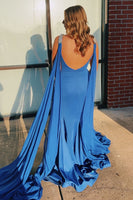 Load image into Gallery viewer, Sparkly Royal Blue Mermaid V Neck Satin Long Prom Dress with Cape