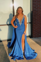 Load image into Gallery viewer, Sparkly Royal Blue Mermaid V Neck Satin Long Prom Dress with Cape