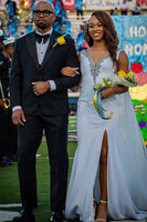 Load image into Gallery viewer, Sparkly Royal Blue Mermaid V Neck Satin Long Prom Dress with Cape