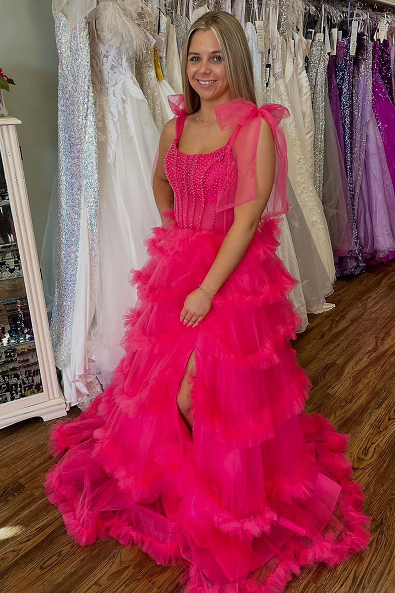 Load image into Gallery viewer, Sparkly Fuchsia Corset Long Ruffled Prom Dress with Slit