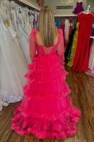 Load image into Gallery viewer, Sparkly Fuchsia Corset Long Ruffled Prom Dress with Slit
