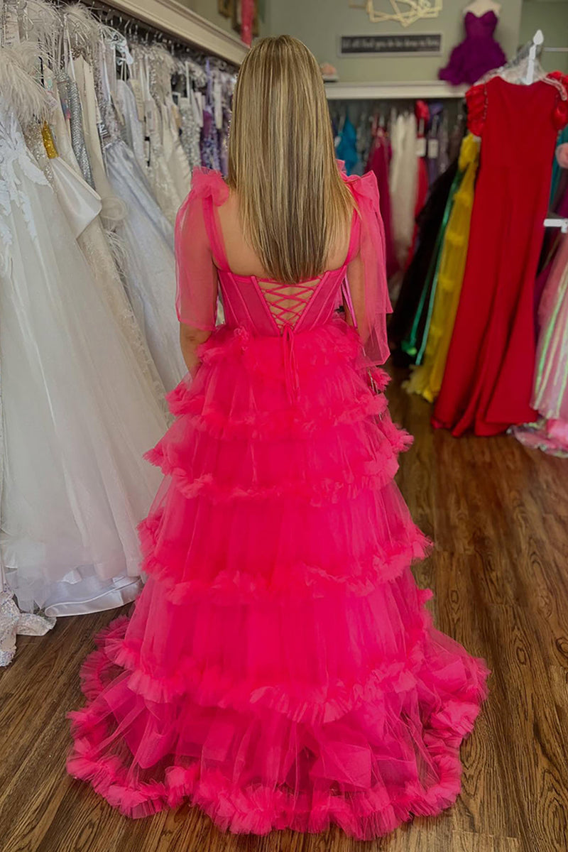 Load image into Gallery viewer, Sparkly Fuchsia Corset Long Ruffled Prom Dress with Slit