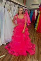 Load image into Gallery viewer, Sparkly Fuchsia Corset Long Ruffled Prom Dress with Slit