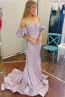 Load image into Gallery viewer, Sparkly Lilac Off the Shoulder Mermaid Sequin Long Prom Dress
