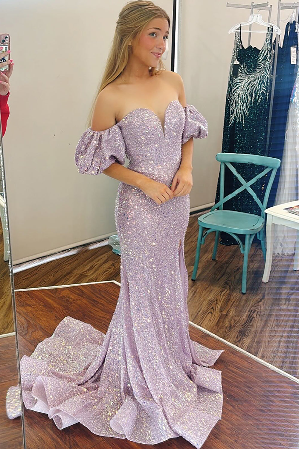 Sparkly Lilac Off the Shoulder Mermaid Sequin Long Prom Dress