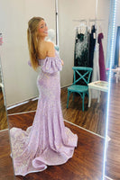 Load image into Gallery viewer, Sparkly Lilac Off the Shoulder Mermaid Sequin Long Prom Dress