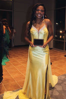 Load image into Gallery viewer, Sparkly Gold Mermaid Satin Corset Long Prom Dress with Slit