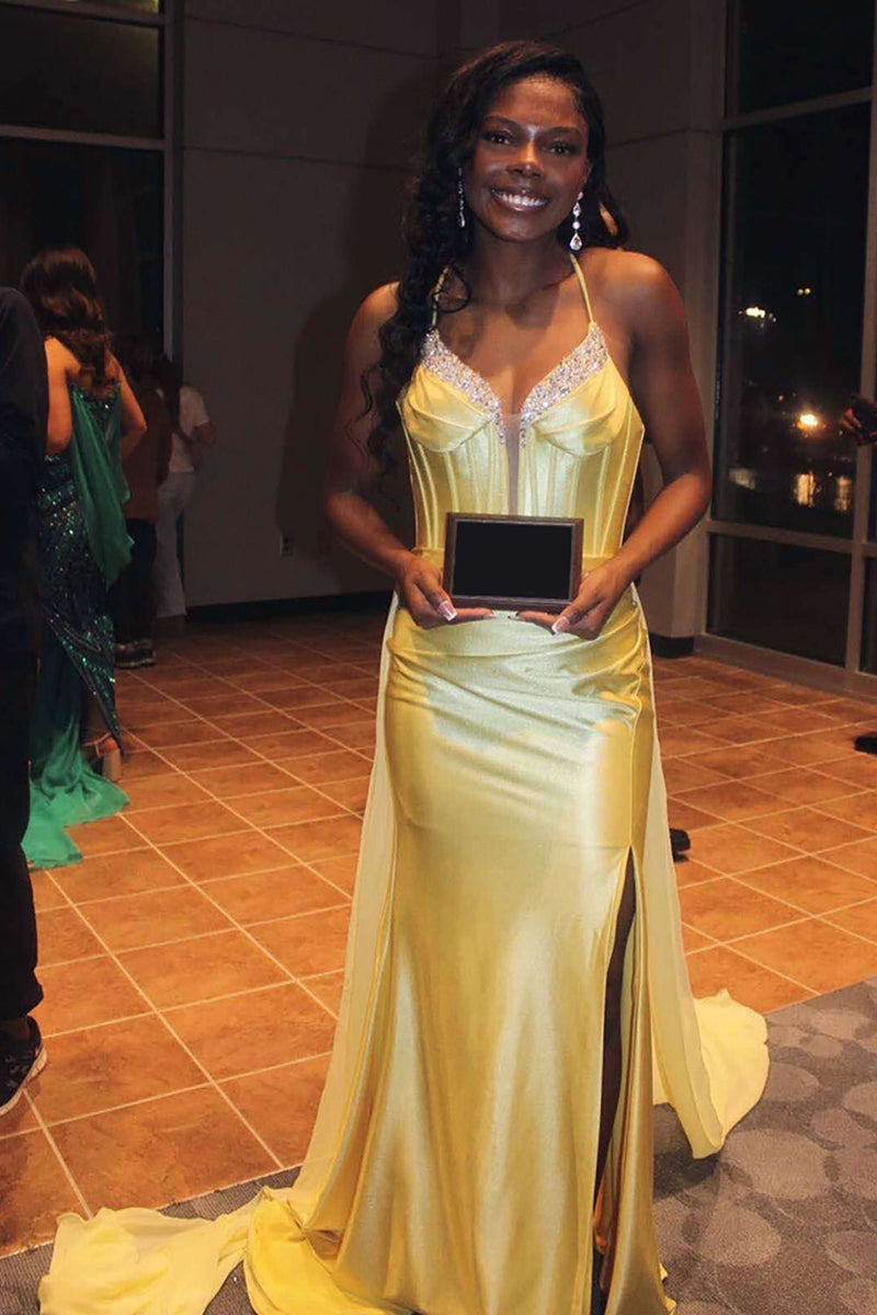 Load image into Gallery viewer, Sparkly Gold Mermaid Satin Corset Long Prom Dress with Slit