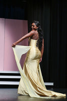 Load image into Gallery viewer, Sparkly Gold Mermaid Satin Corset Long Prom Dress with Slit
