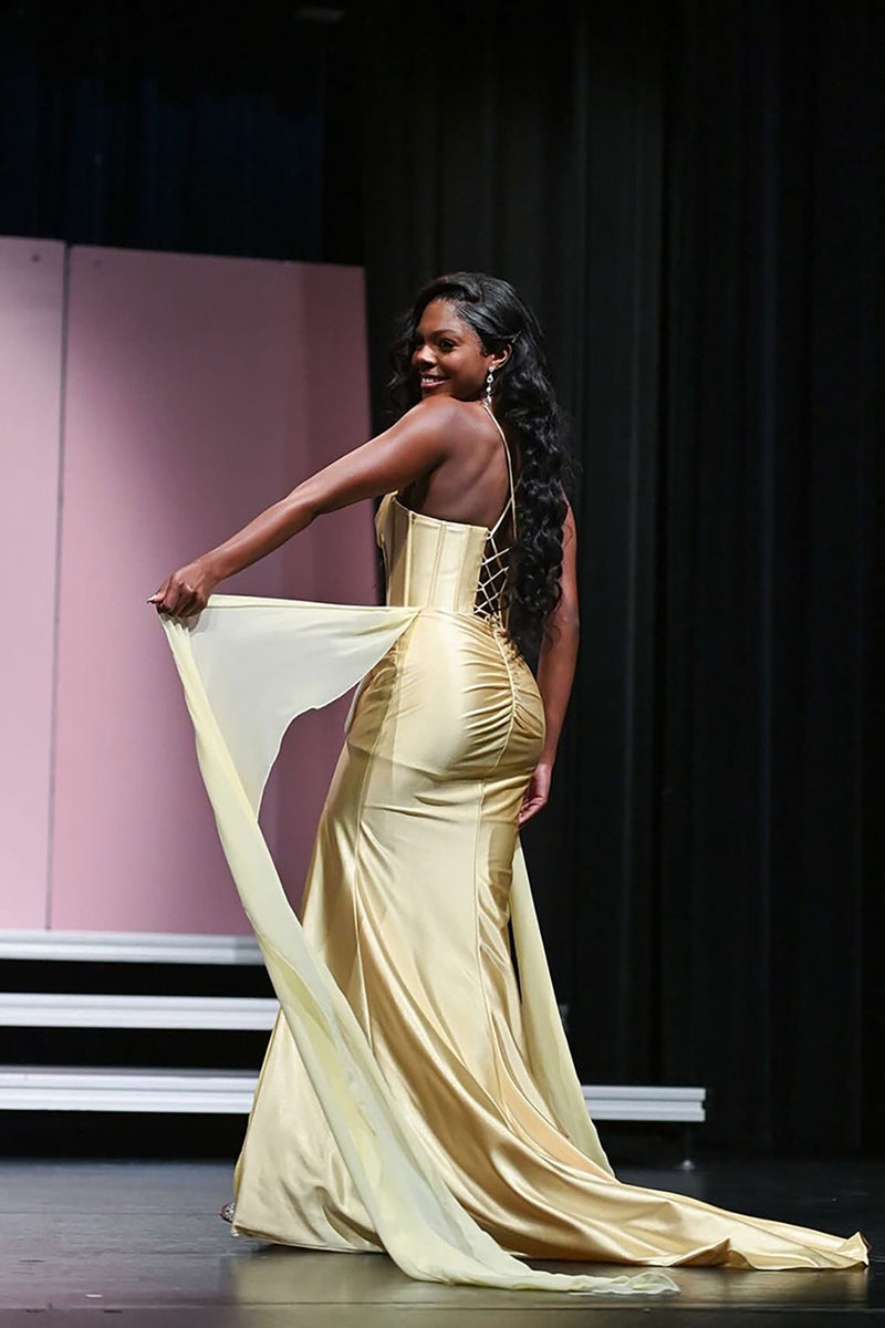 Load image into Gallery viewer, Sparkly Gold Mermaid Satin Corset Long Prom Dress with Slit