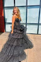 Load image into Gallery viewer, Sparkly Black Ruffled Sweetheart Corset Long Prom Dress