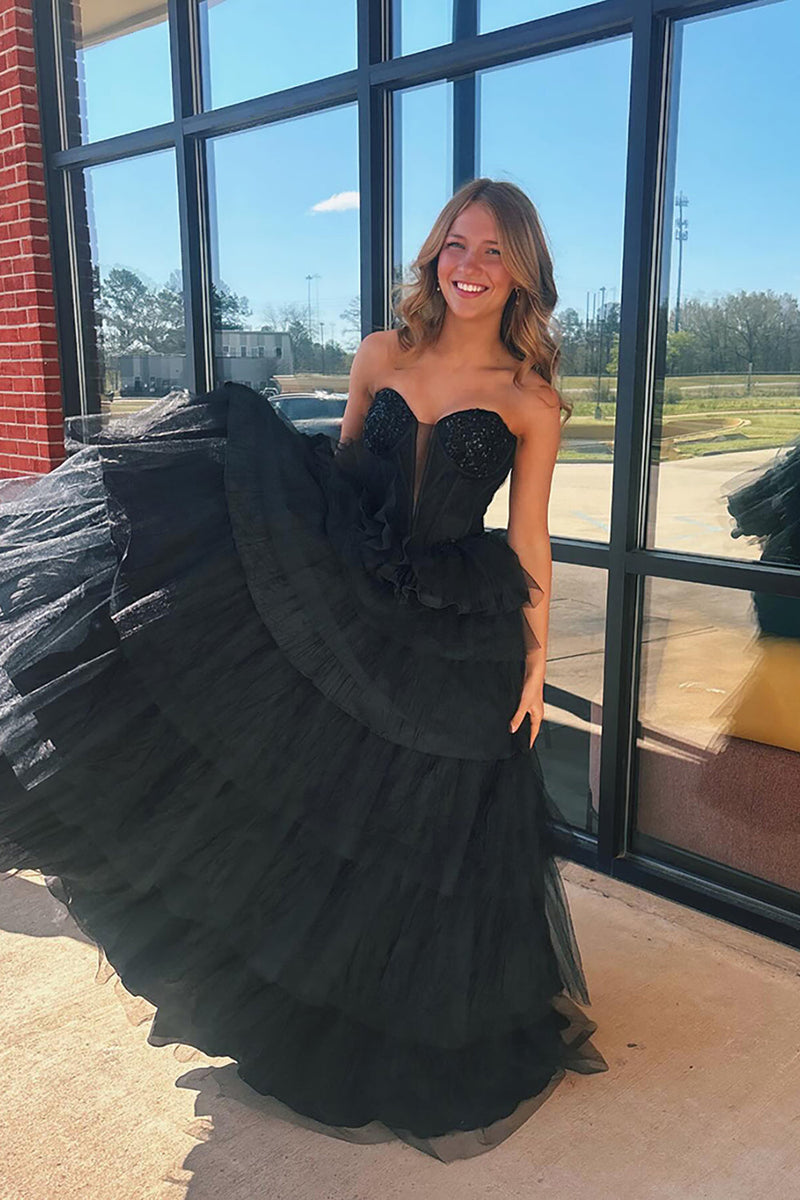 Load image into Gallery viewer, Sparkly Black Ruffled Sweetheart Corset Long Prom Dress