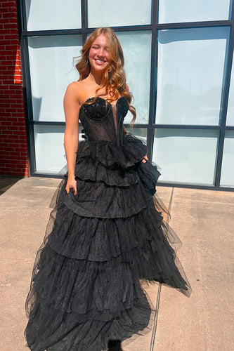 Sparkly Black Ruffled Sweetheart Corset Long Prom Dress