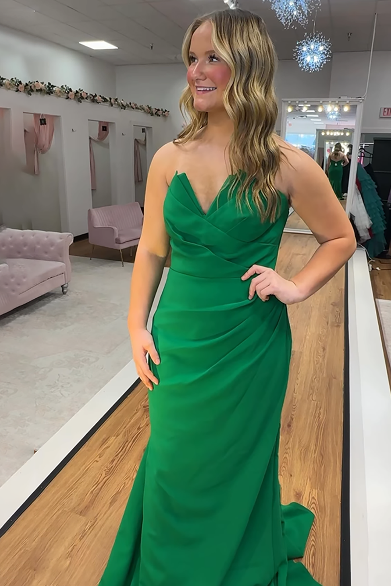 Load image into Gallery viewer, Green Mermaid Satin Strapless Long Prom Dress