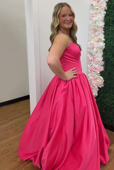 Fuchsia Strapless Satin A Line Long Prom Dress
