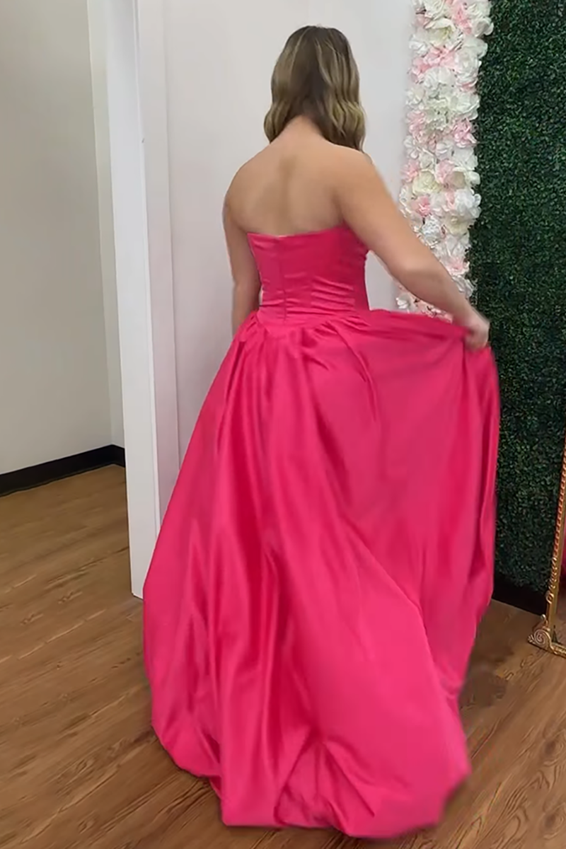 Load image into Gallery viewer, Fuchsia Strapless Satin A Line Long Prom Dress