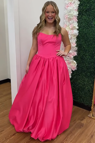 Fuchsia Strapless Satin A Line Long Prom Dress