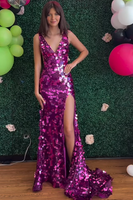 Load image into Gallery viewer, Sparkly Purple Mermaid V Neck Sequin Long Holiday Party Dress