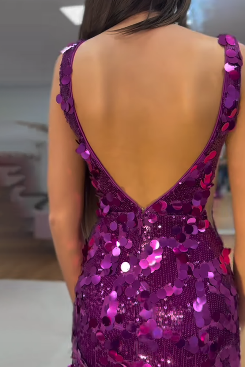 Load image into Gallery viewer, Sparkly Purple Mermaid V Neck Sequin Long Holiday Party Dress