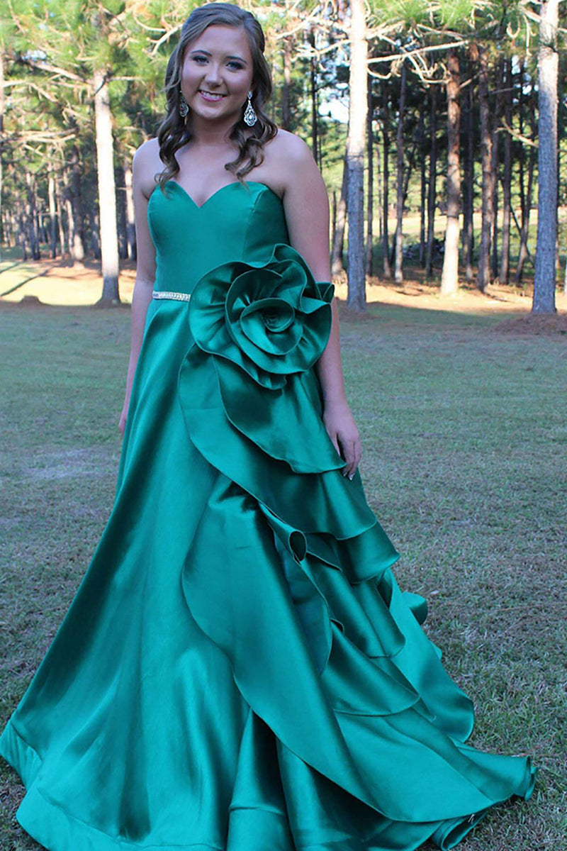 Load image into Gallery viewer, Sparkly Green Strapless Ruffled Long Prom Dress