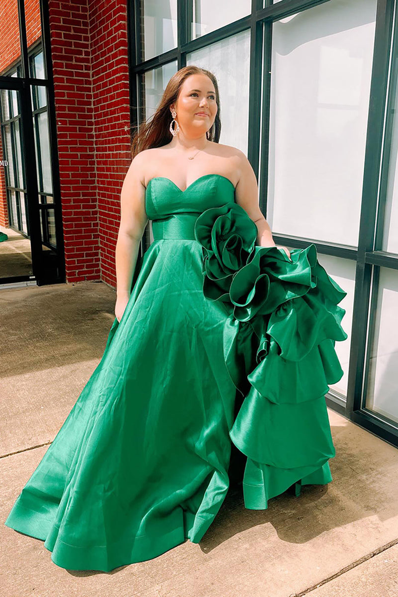 Load image into Gallery viewer, Sparkly Green Strapless Ruffled Long Prom Dress