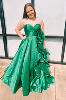 Load image into Gallery viewer, Sparkly Green Strapless Ruffled Long Prom Dress