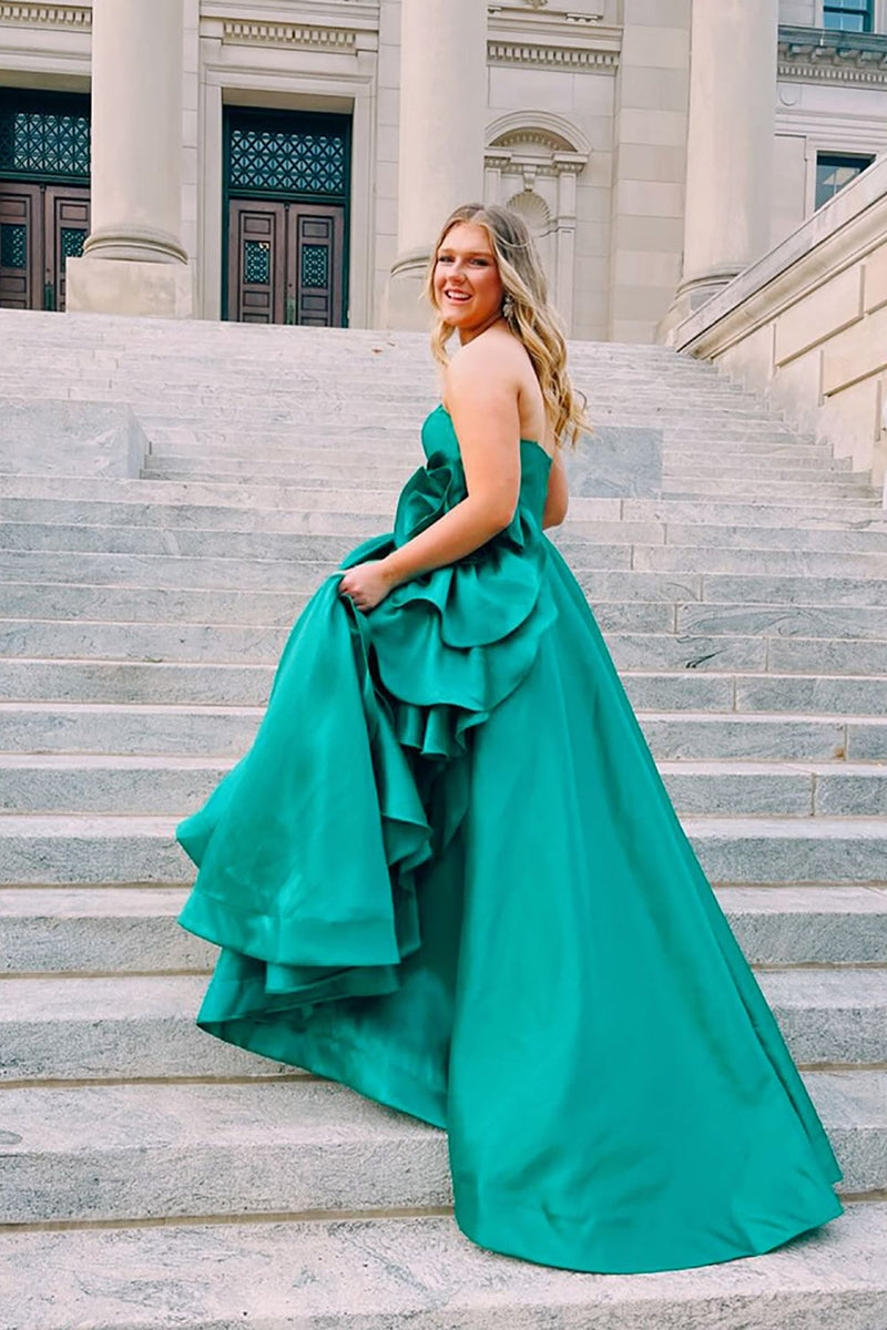 Load image into Gallery viewer, Sparkly Green Strapless Ruffled Long Prom Dress