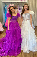 Load image into Gallery viewer, Purple Off the Shoulder Ruffled Long Corset Prom Dress with Feather