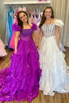 Purple Off the Shoulder Ruffled Long Corset Prom Dress with Feather