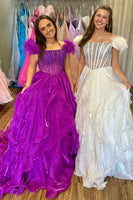 Load image into Gallery viewer, Purple Off the Shoulder Ruffled Long Corset Prom Dress with Feather