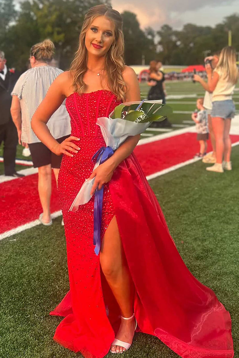 Load image into Gallery viewer, Sparkly Red Mermaid Strapless Corset Long Prom Dress with Side Cape