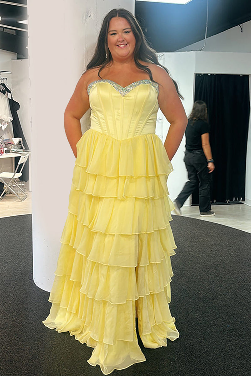 Load image into Gallery viewer, Sparkly Yellow Ruffled Sweetheart Corset Long Prom Dress with Slit